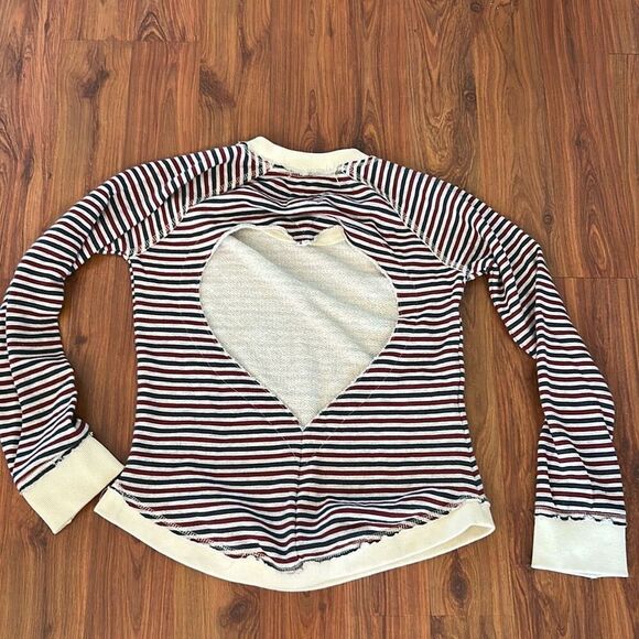 Chaser red blue gray striped heart cut out back Terry sweatshirt, size, s - Picture 1 of 6